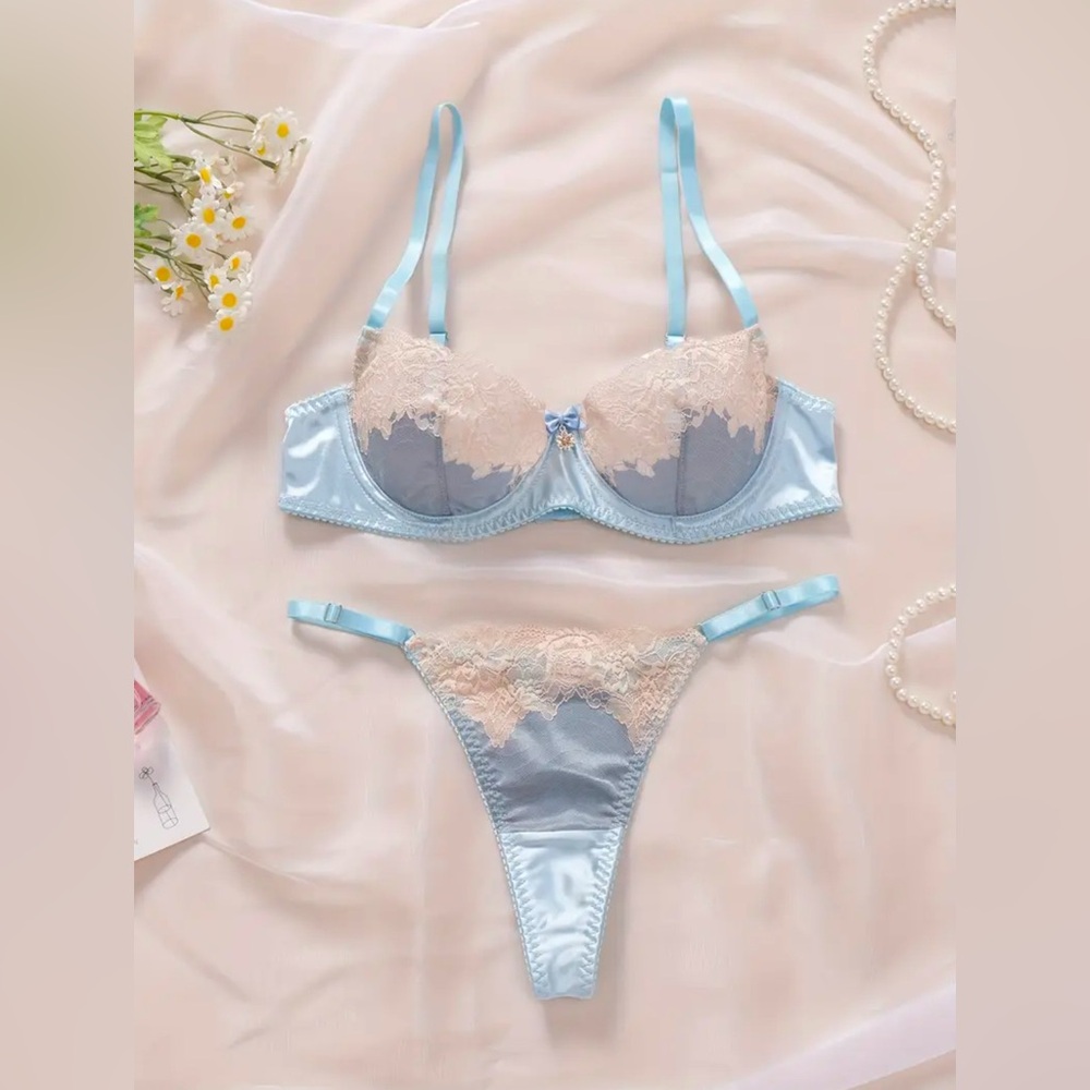 Gigi Angelic Blue White Floral Lace Flower Jewel Bow Knot Bra + Thong Panty Set